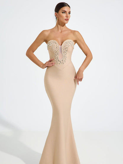 Ava Embellished Nude Mermaid Maxi Dress