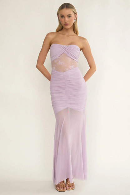 Sade Strapless Sheer Panel Ruched Maxi Dress Lilac