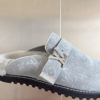 LV 25 Birkenstock Platform Slippers Light Gray Denim Wool 576212