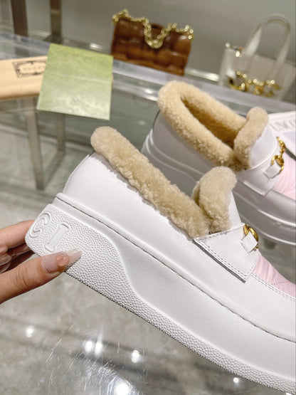 GG Snow Boots White Pink Calfskin Wool 576241
