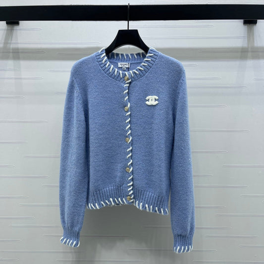CC 26s Crochet-Trimmed Crew Neck Cardigan Blue Knit 343630
