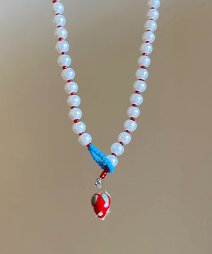 Cute White Alloy Strawberry Pearl Pendant Necklace