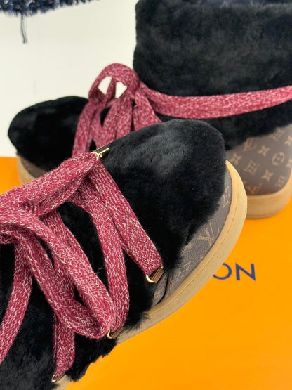 LV Cloud Lace-Up Ankle Boot Sneaker Black-Red Shearling Monogram Canvas 572470
