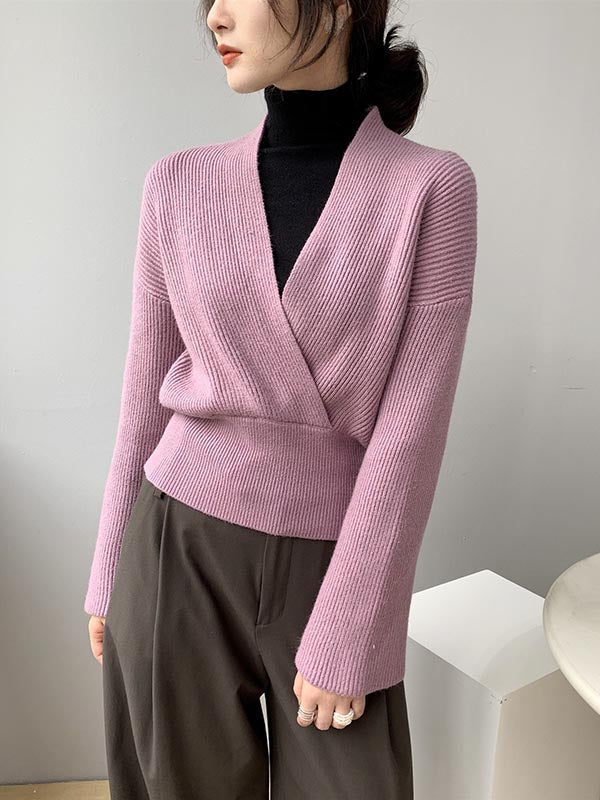 Stylish 6 Colors Knitting V-Neck Asymmetric Sweater
