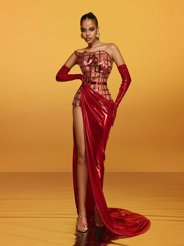 Aethon Strapless Metallic Flower Maxi Dress In Red