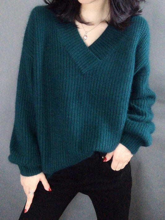 Loose Long Sleeves Solid Color V-Neck Sweater Tops