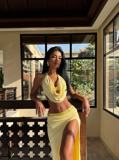 Yasmine Draped Rhinestone Halter Two-Piece Set