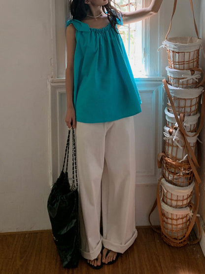 High Waisted Wide Leg Pleated Solid Color Casual Pants Bottoms Flared Trousers