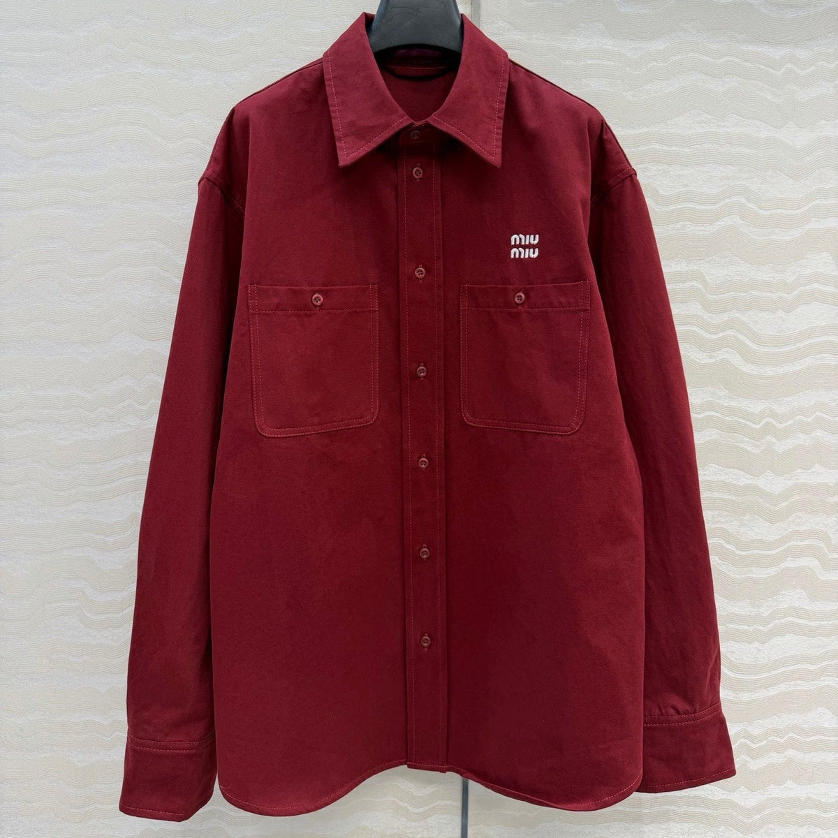Miu SS26 Light Denim Shirt Amaranth Red Cotton 346164
