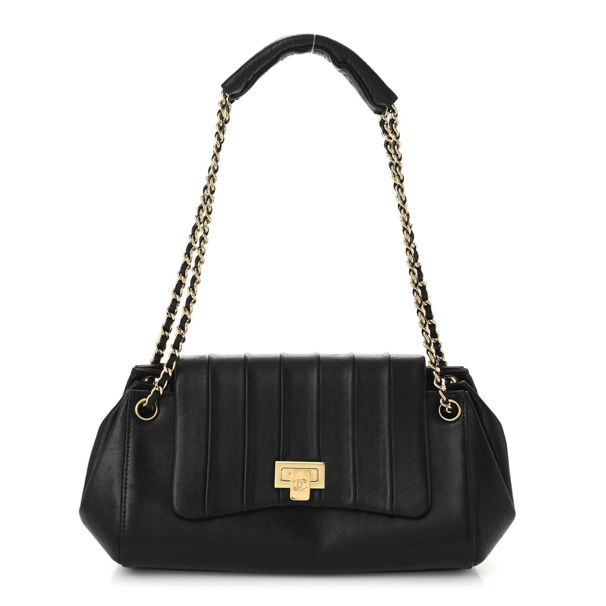 Lambskin Vertical Quilt Small Accordion Flap Black