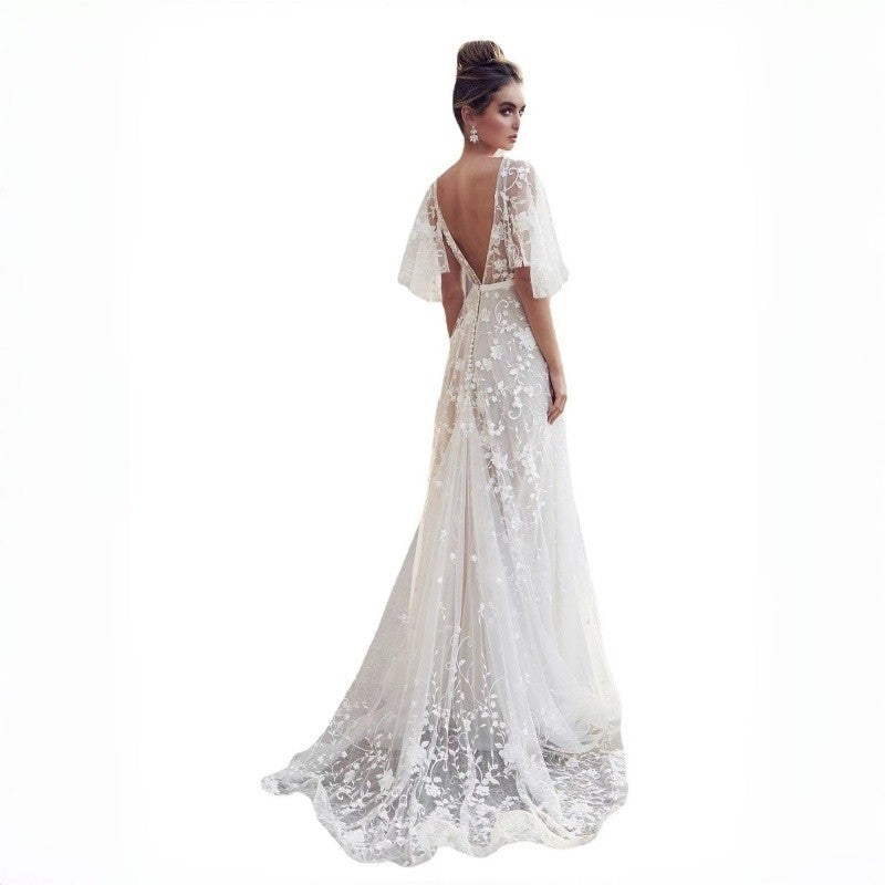 Deep V Lace Back Evening Gown