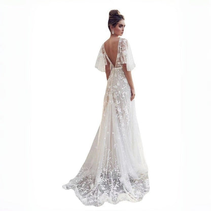 Deep V Lace Back Evening Gown