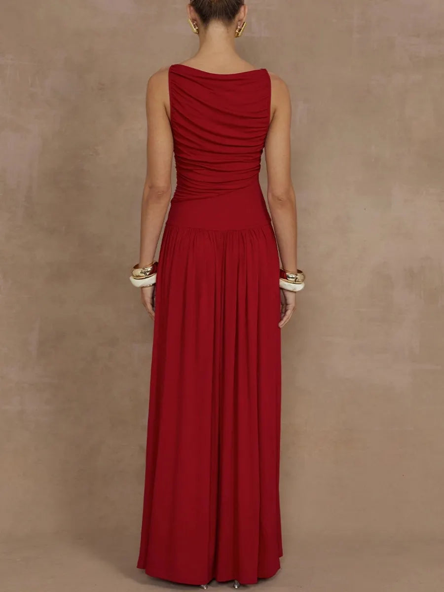 Naomi Red Ruched Sleeveless Flowy Maxi Dress