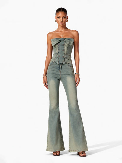 Sophia Chic Contour Bow Denim Top And Pant Two Piece Set
