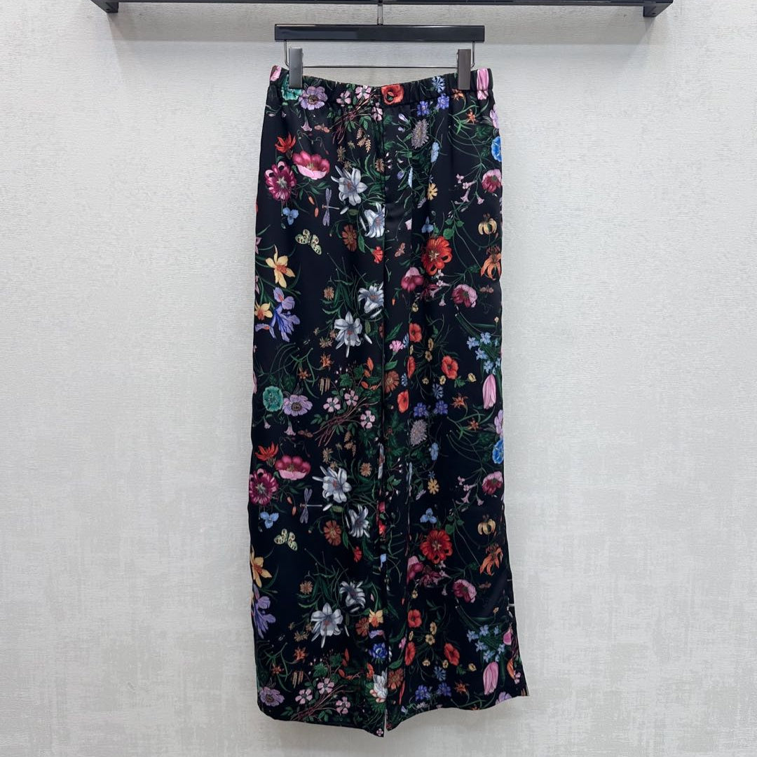 GG SS26 Printed Straight Leg Trousers Black Multicolor Silk 351694