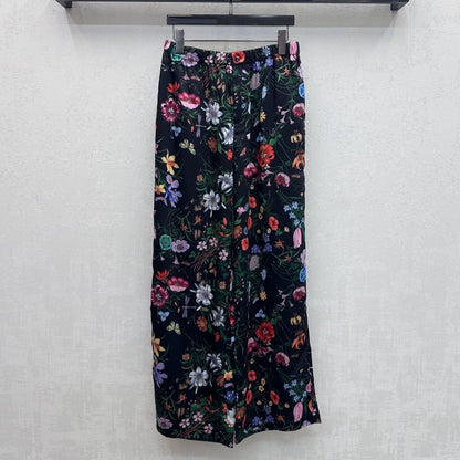 GG SS26 Printed Straight Leg Trousers Black Multicolor Silk 351694