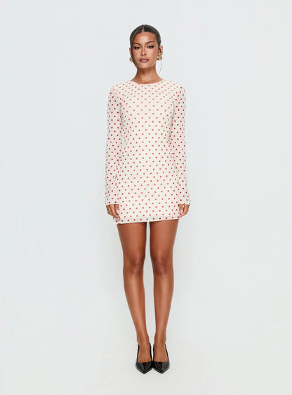 Nyxia Long Sleeve Mini Dress Cream / Red Polka