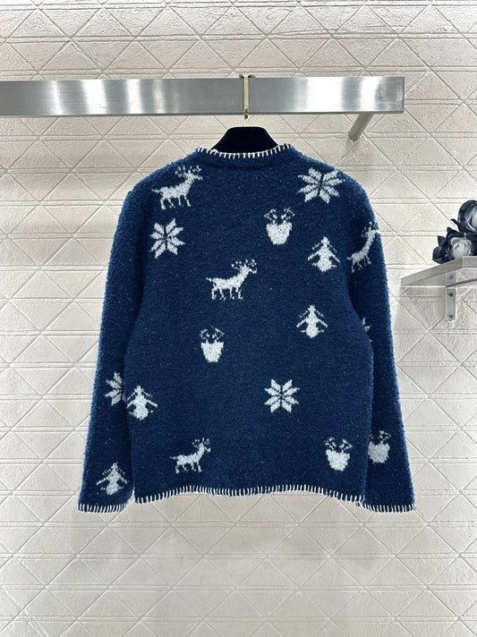 Chanel 26 Jacquard Knit Cardigan Blue in Wool Yarn 801433