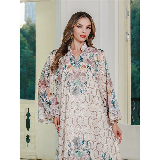 Embroidered Tribal Print Loose Long Sleeve Abaya Dress