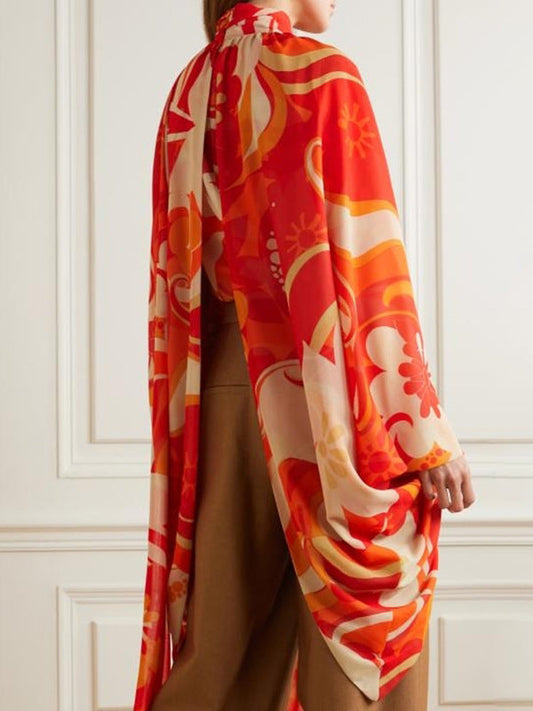 Batwing Sleeves Loose Bandage Contrast Color Floral Printed Blouses&Shirts Tops