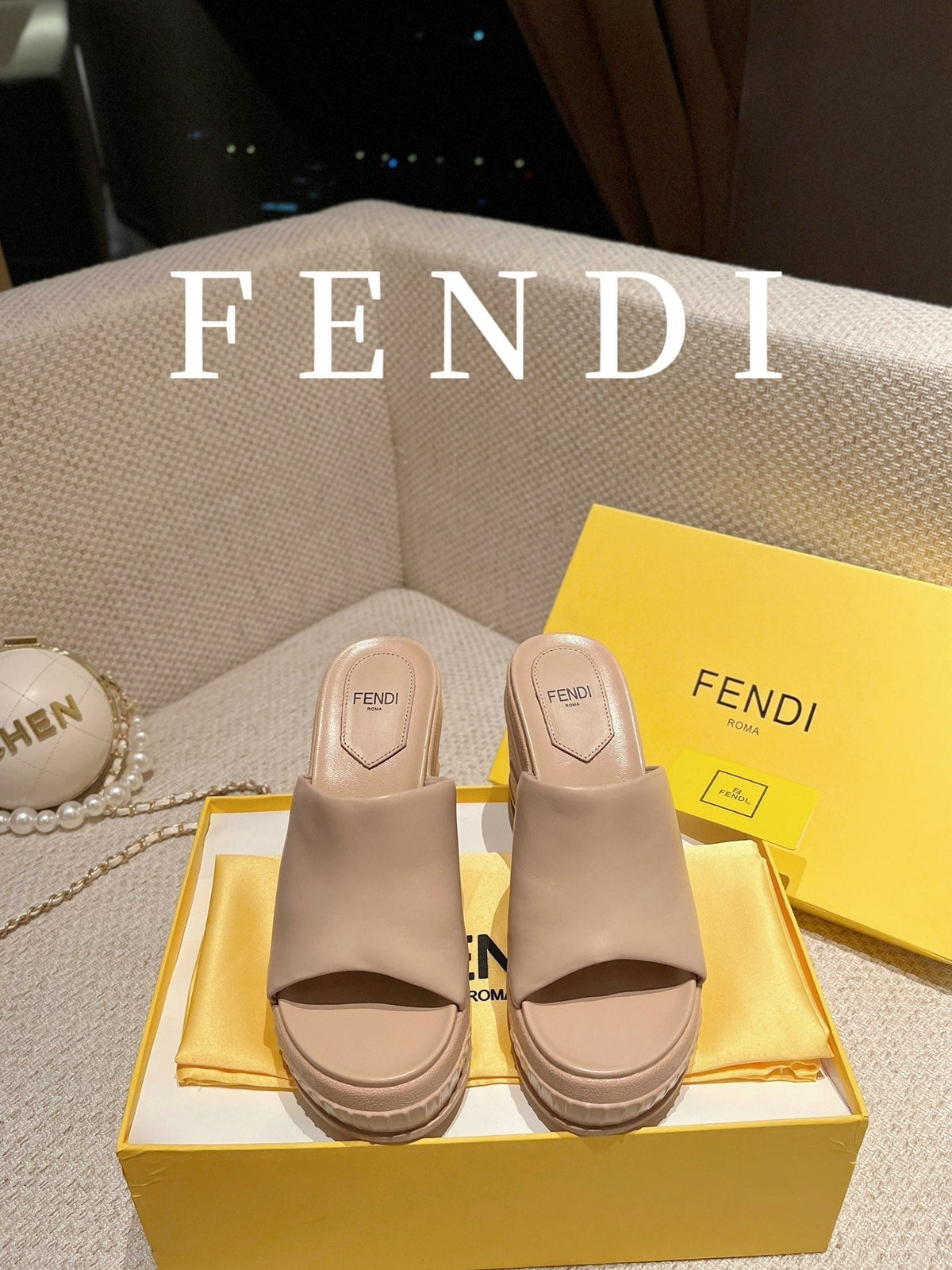FENDI BAGUETTE WEDGE PLATFORM  85MM IN ALMOND BEIGE CALFSKIN