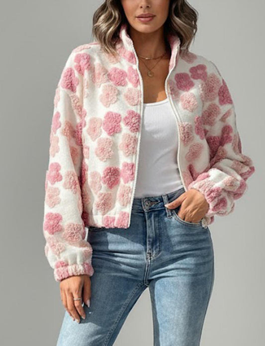 Color Block Flower Plush Short Jacket