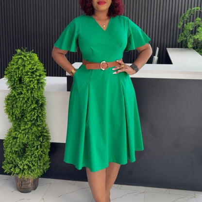 V-Neck Flared Sleeve A-Line Dress