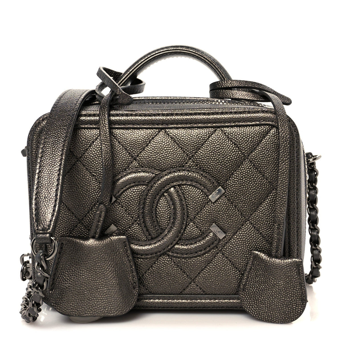 Metallic Caviar Quilted Small CC Filigree Vanity Case Dark Silver