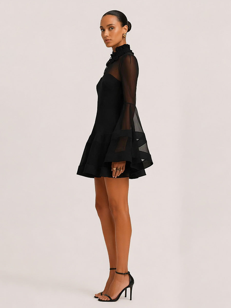 Delilah Long-Sleeve Mesh Mini Dress In Black