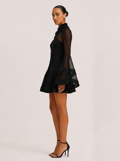 Delilah Long-Sleeve Mesh Mini Dress In Black