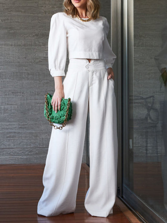 Solid Color Puff Sleeves T-Shirts High-Waisted  Wide Leg Pants Suits