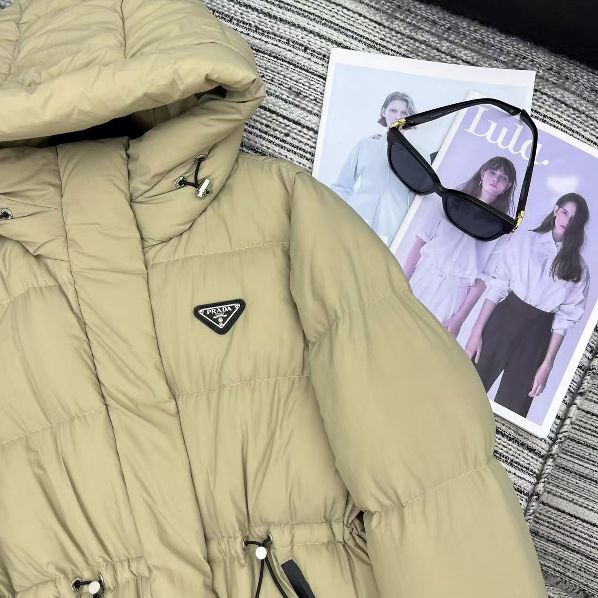 Prada 2025 Drawstring Waist Hooded Jacket Beige Down Polyester