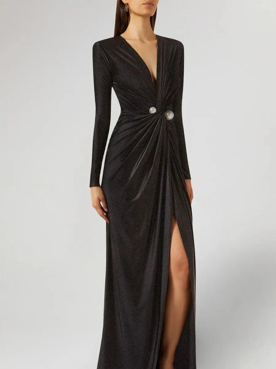 Arya Pearl-Embellished Ruched Maxi Dress with Slit