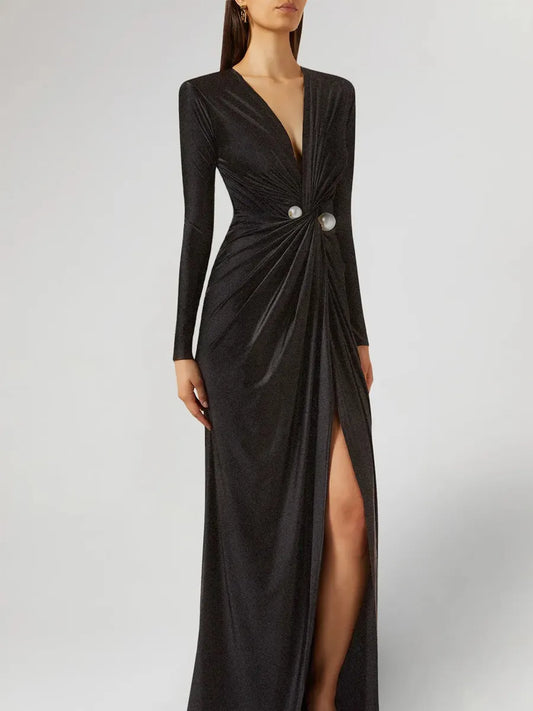 Arya Pearl-Embellished Ruched Maxi Dress with Slit