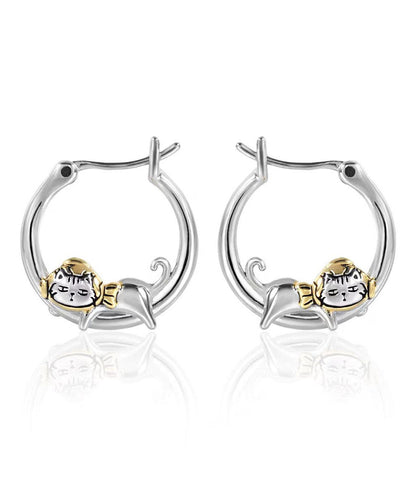 Unique Silk Copper Little Cats Hoop Earrings