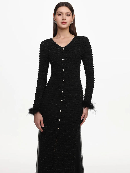 Giselle Elegant Contour V Neck Long Sleeve Slit Knit Maxi Dress