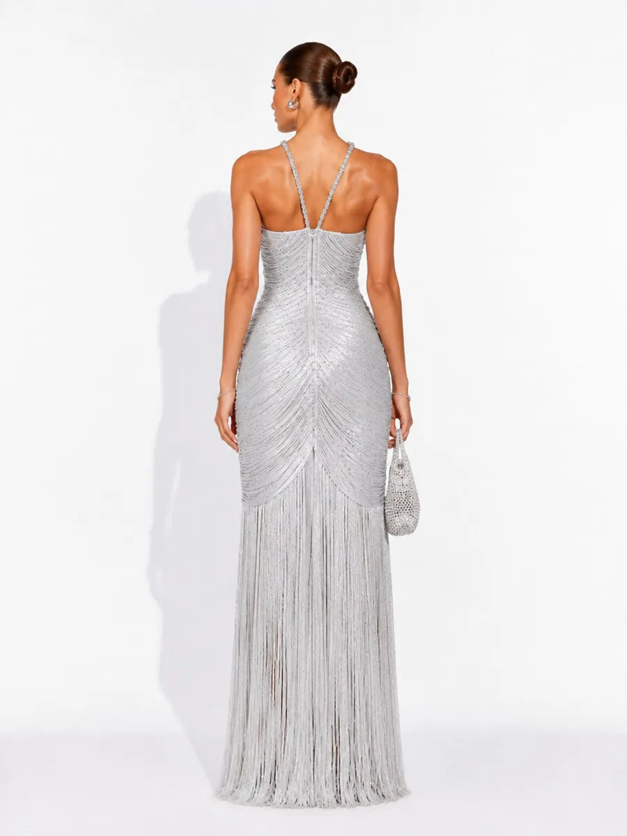 Beatrice Sleeveless Rhinestone Maxi Dress with Silver Tassels