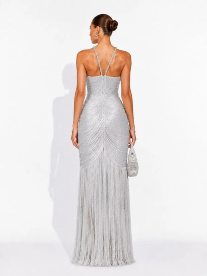 Beatrice Sleeveless Rhinestone Maxi Dress with Silver Tassels