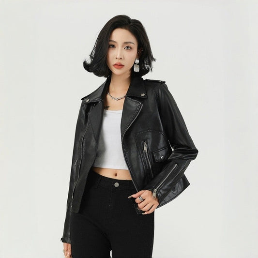 Short Biker Leather Jacket Lapel Collar