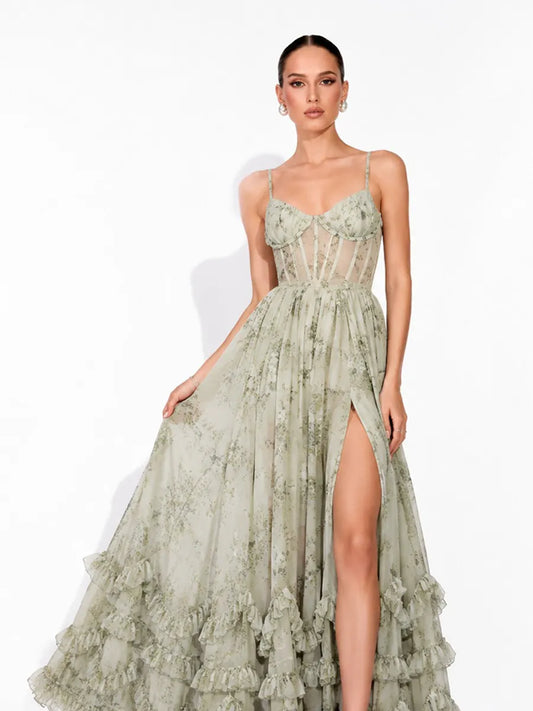 Annabel Ruffled Slit Maxi Dress In Green