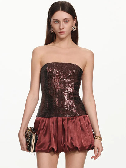 Hadassah Glamorous Contour Strapless Sequin Puffy Mini Dress