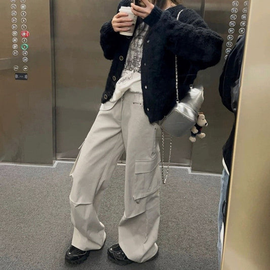 High-Waist Straight Leg Cargo Pants Cotton Loose Fit Women's Casual