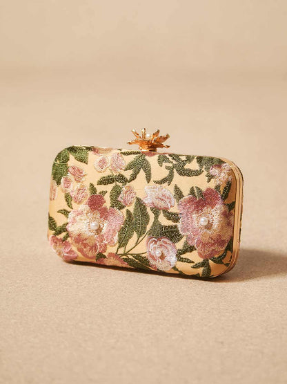 Elina Floral Embroidery Pearl Clutch Bag