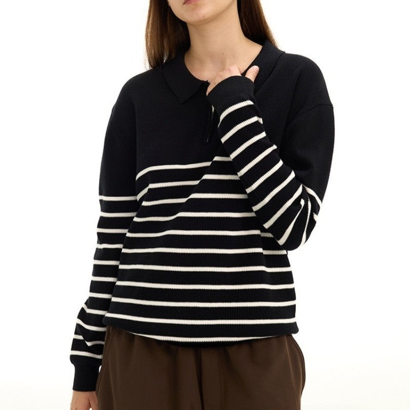 Color Block Striped Semi Zip Polo Shirt