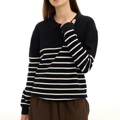 Color Block Striped Semi Zip Polo Shirt