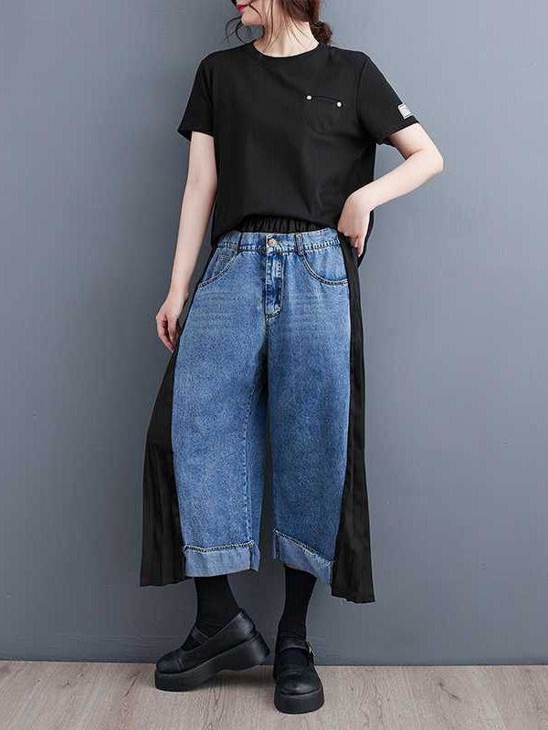 False Two High Waisted Elasticity Split-Joint Jean Pants Bottoms