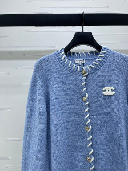 CC 26s Crochet-Trimmed Crew Neck Cardigan Blue Knit 343630
