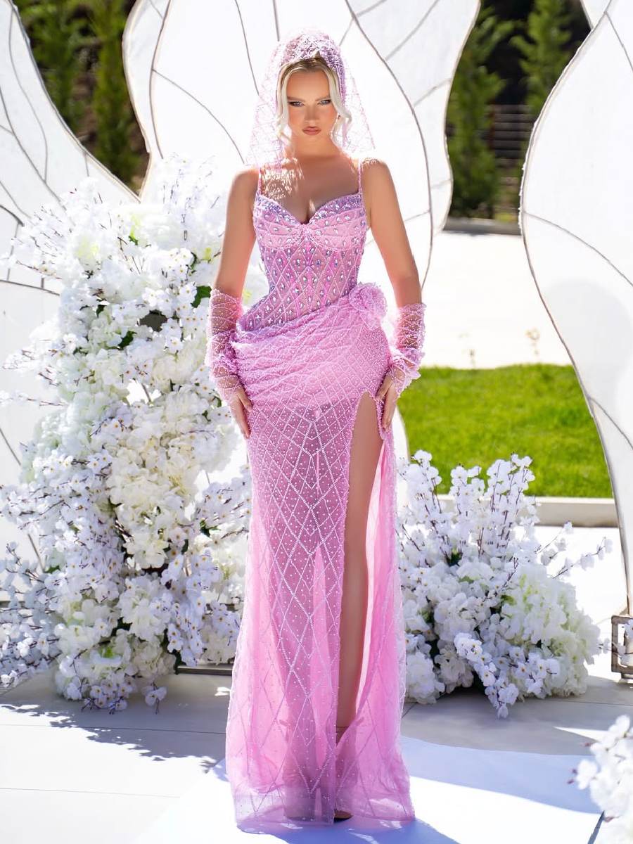 Anabella Mesh Sequined Maxi Dress In Pink