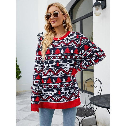 Christmas Loose Long Sleeves Printed Sweater Tops