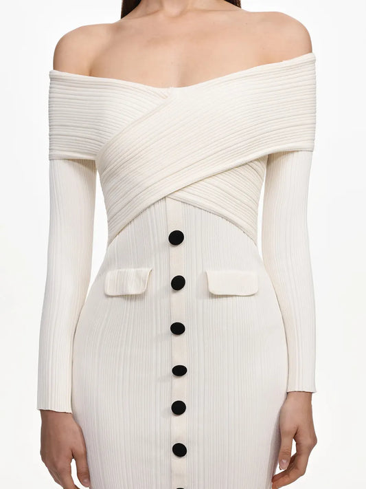 Grace Elegant Contour Off Shoulder Buttoned Knit Maxi Dress